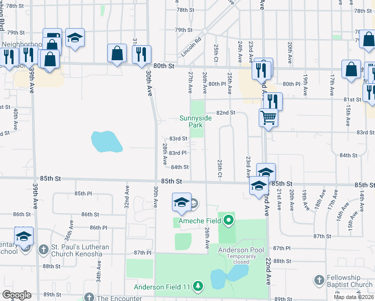 map of restaurants, bars, coffee shops, grocery stores, and more near 8320 27th Avenue in Kenosha