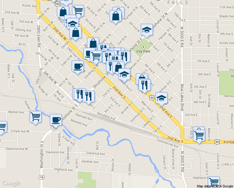 map of restaurants, bars, coffee shops, grocery stores, and more near 242 2nd Avenue South in Twin Falls