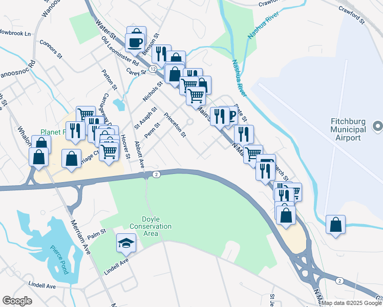 map of restaurants, bars, coffee shops, grocery stores, and more near 59 Westland Avenue in Leominster
