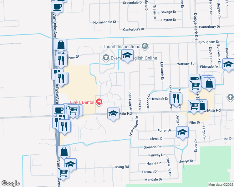 map of restaurants, bars, coffee shops, grocery stores, and more near 35242 Terrybrook Drive in Sterling Heights
