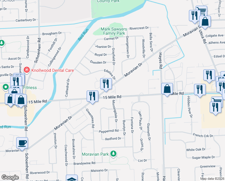 map of restaurants, bars, coffee shops, grocery stores, and more near 35128 Moravian Drive in Sterling Heights