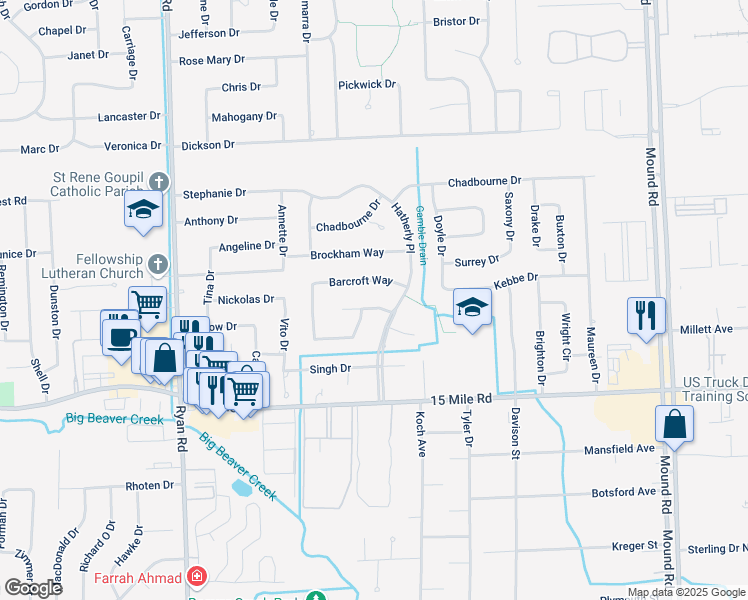 map of restaurants, bars, coffee shops, grocery stores, and more near 4737 Ashburton Place in Sterling Heights