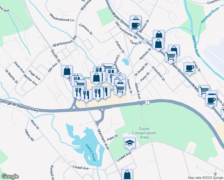 map of restaurants, bars, coffee shops, grocery stores, and more near 87 Carriage Court in Leominster