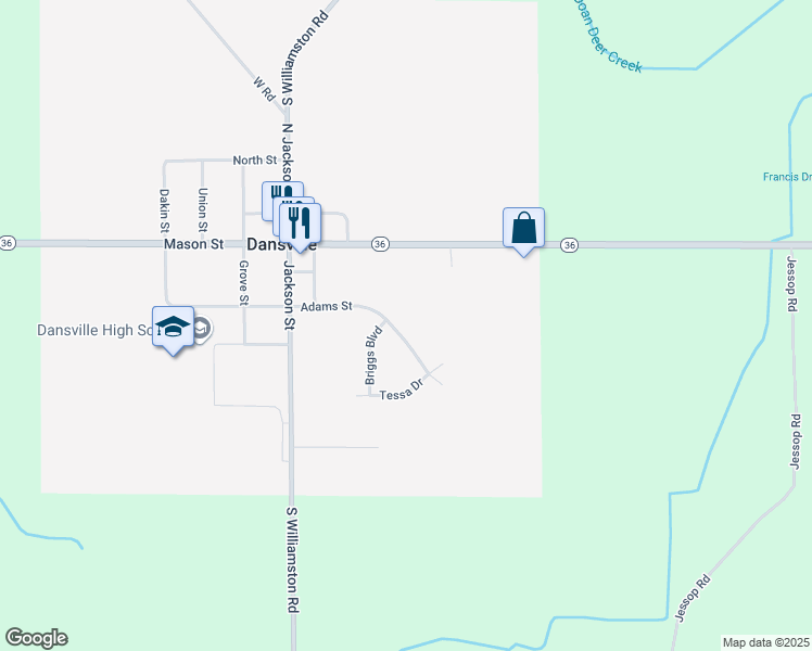 map of restaurants, bars, coffee shops, grocery stores, and more near 1481 Adams St in Dansville