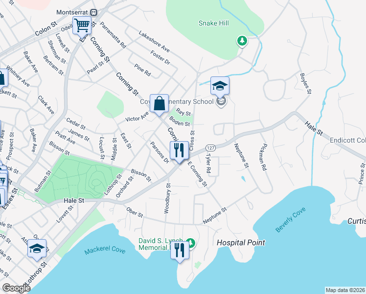 map of restaurants, bars, coffee shops, grocery stores, and more near 112 Corning Street in Beverly