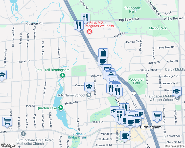 map of restaurants, bars, coffee shops, grocery stores, and more near 608 Oak Avenue in Birmingham