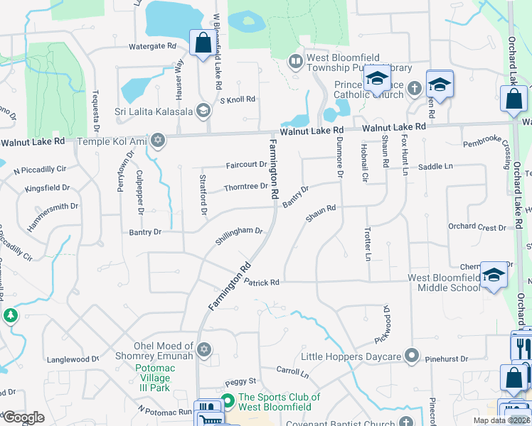 map of restaurants, bars, coffee shops, grocery stores, and more near 4805 Bantry Drive in Oakland County