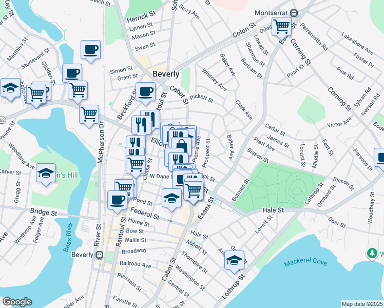 map of restaurants, bars, coffee shops, grocery stores, and more near 14 Pierce Avenue in Beverly