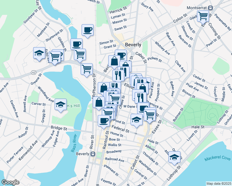 map of restaurants, bars, coffee shops, grocery stores, and more near 38 Roundy Street in Beverly