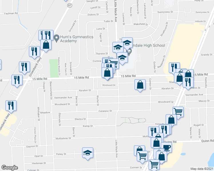 map of restaurants, bars, coffee shops, grocery stores, and more near 34895 Heathmore Drive in Clinton Township