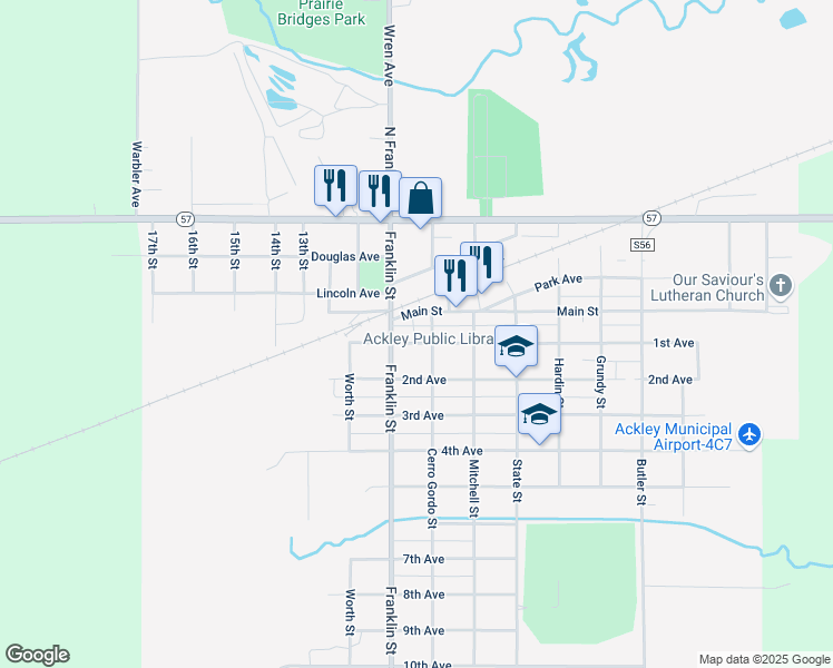 map of restaurants, bars, coffee shops, grocery stores, and more near 509 1st Avenue in Ackley