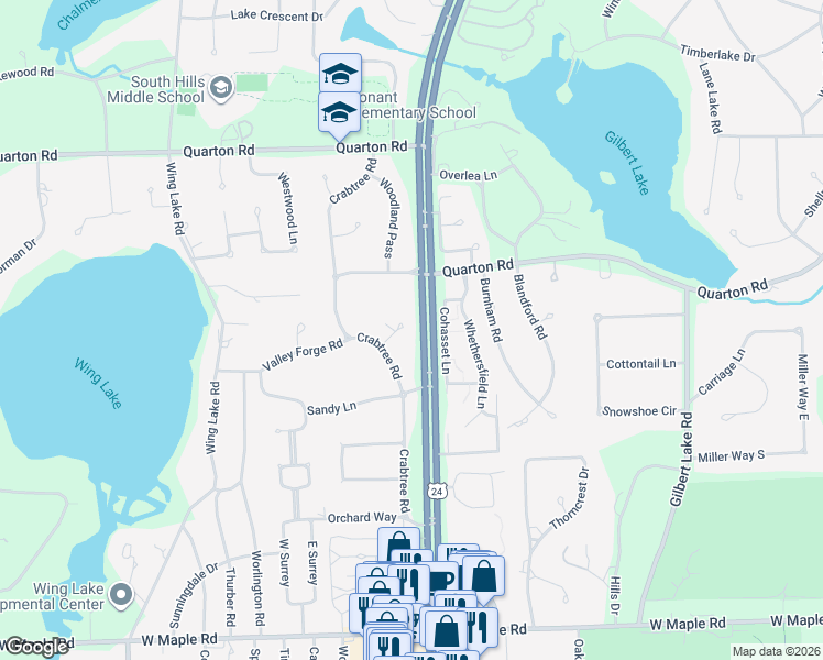 map of restaurants, bars, coffee shops, grocery stores, and more near 4115 Pomona Colony Street in Bloomfield Hills