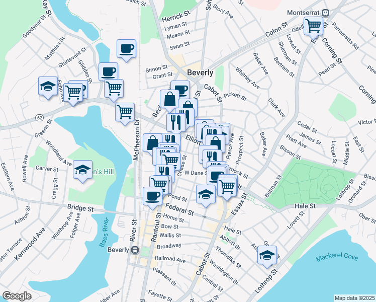 map of restaurants, bars, coffee shops, grocery stores, and more near 49 Chase Street in Beverly