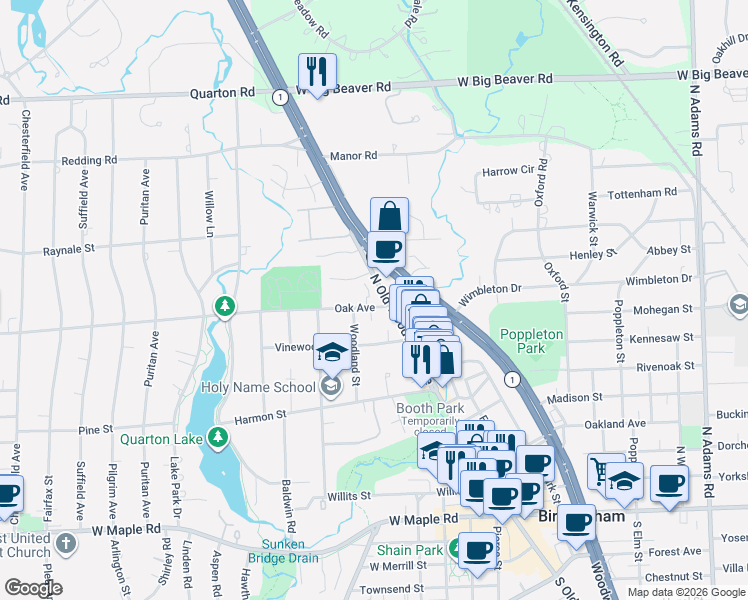 map of restaurants, bars, coffee shops, grocery stores, and more near 450 Oak Avenue in Birmingham