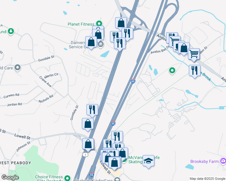 map of restaurants, bars, coffee shops, grocery stores, and more near 265 Newbury Street in Peabody