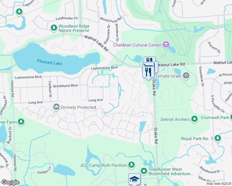 map of restaurants, bars, coffee shops, grocery stores, and more near 5643 Bryden Street in West Bloomfield Township