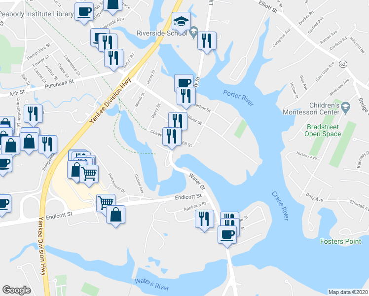 map of restaurants, bars, coffee shops, grocery stores, and more near 24 Water Street in Danvers
