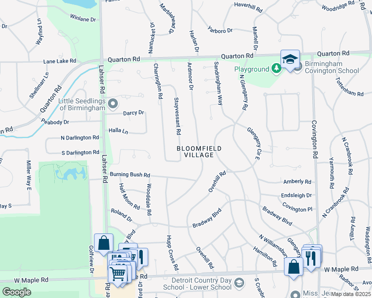 map of restaurants, bars, coffee shops, grocery stores, and more near 976 Stuyvessant Road in Bloomfield Hills