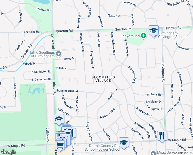 map of restaurants, bars, coffee shops, grocery stores, and more near 976 Stuyvessant Road in Bloomfield Hills