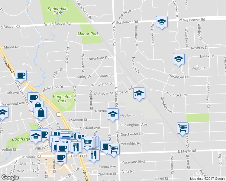 map of restaurants, bars, coffee shops, grocery stores, and more near 1063 Mohegan Street in Birmingham