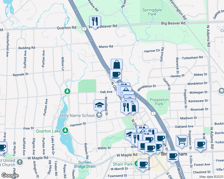 map of restaurants, bars, coffee shops, grocery stores, and more near 450 Oak Avenue in Birmingham