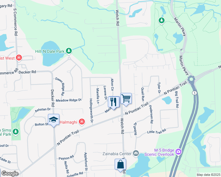 map of restaurants, bars, coffee shops, grocery stores, and more near 1847 Alton Circle in Commerce Charter Township