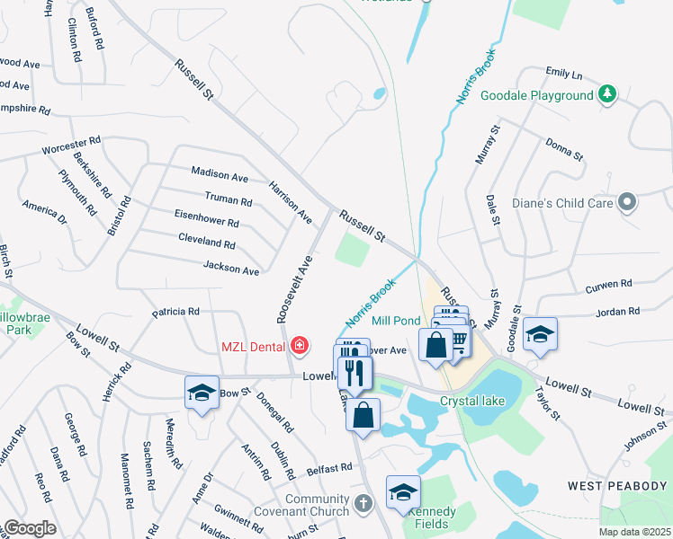 map of restaurants, bars, coffee shops, grocery stores, and more near 33 Hoover Avenue in Peabody