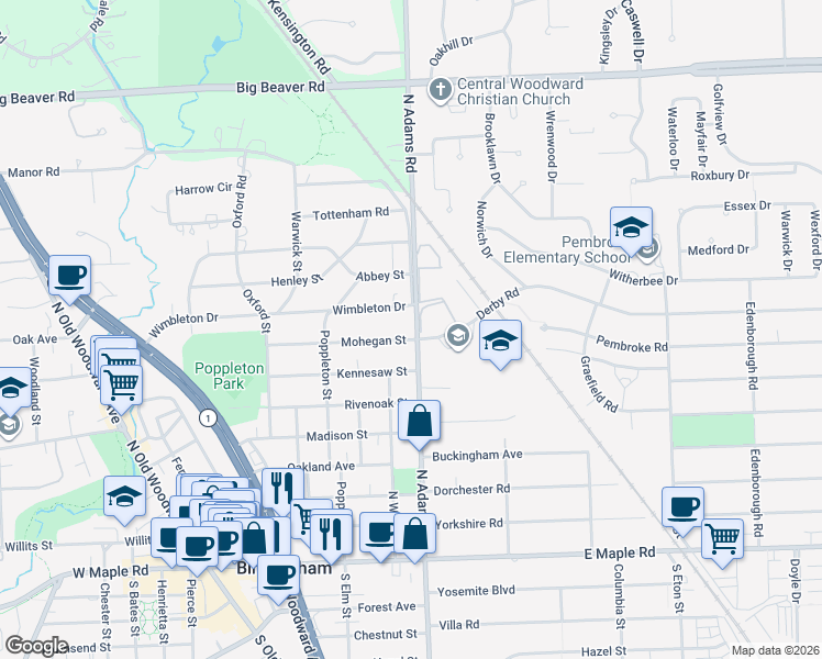 map of restaurants, bars, coffee shops, grocery stores, and more near 1091 Mohegan Street in Birmingham