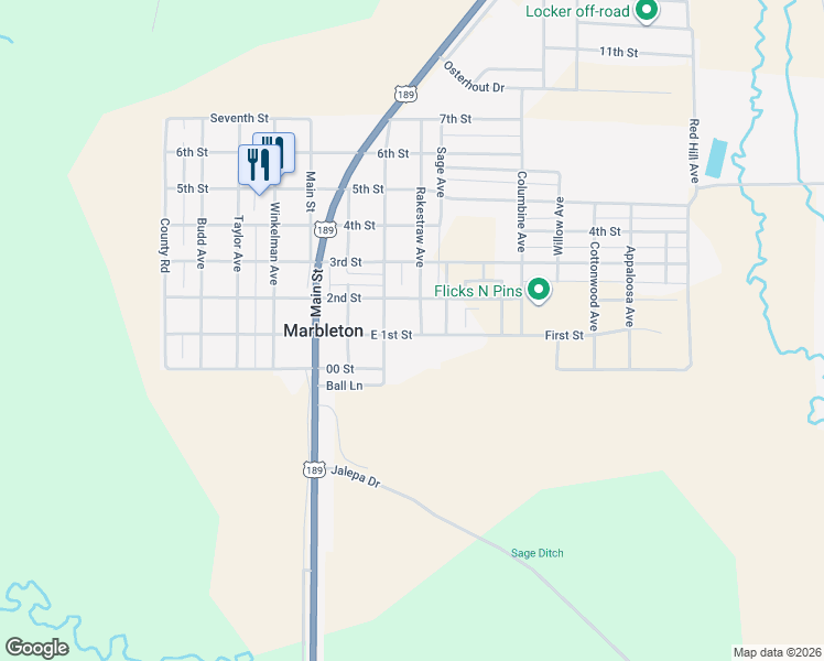 map of restaurants, bars, coffee shops, grocery stores, and more near 221-225 1st Street in Big Piney