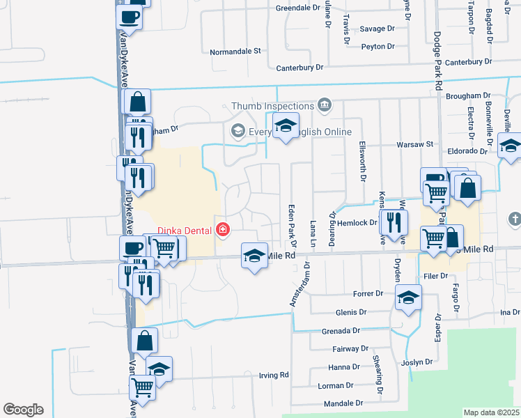 map of restaurants, bars, coffee shops, grocery stores, and more near 35270 Terrybrook Drive in Sterling Heights
