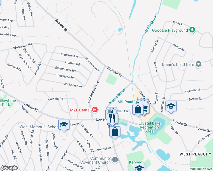 map of restaurants, bars, coffee shops, grocery stores, and more near 33 Hoover Avenue in Peabody
