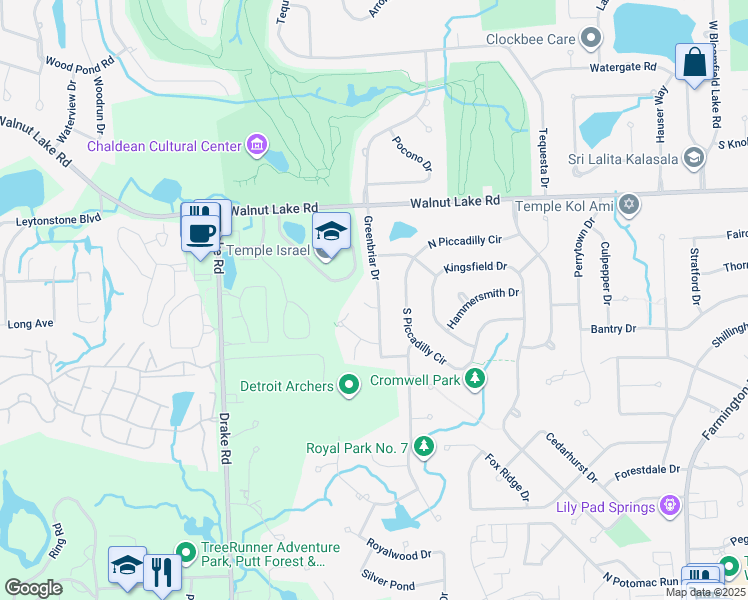 map of restaurants, bars, coffee shops, grocery stores, and more near 5606 Greenbriar Drive in West Bloomfield Township