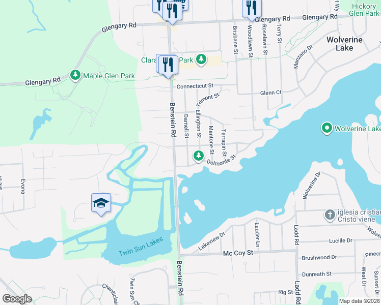 map of restaurants, bars, coffee shops, grocery stores, and more near 2160 Darnell Street in Commerce Charter Township