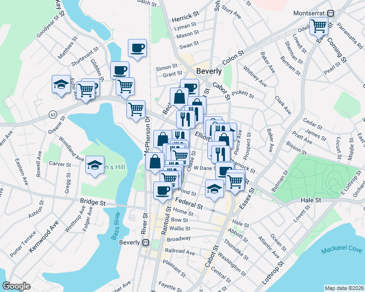 map of restaurants, bars, coffee shops, grocery stores, and more near 394 Rantoul Street in Beverly