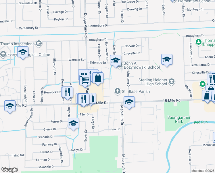 map of restaurants, bars, coffee shops, grocery stores, and more near 11891 15 Mile Road in Sterling Heights