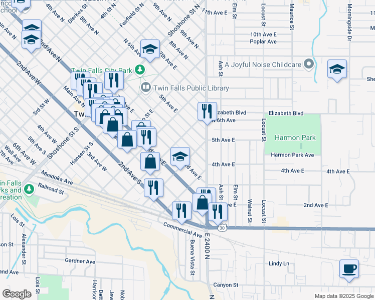 map of restaurants, bars, coffee shops, grocery stores, and more near 546 4th Avenue East in Twin Falls
