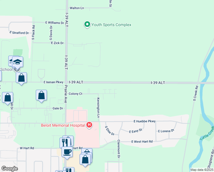 map of restaurants, bars, coffee shops, grocery stores, and more near 2080 East Inman Parkway in Beloit
