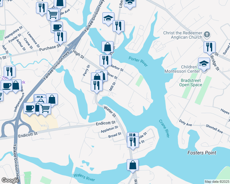 map of restaurants, bars, coffee shops, grocery stores, and more near 15 Mill Street in Danvers