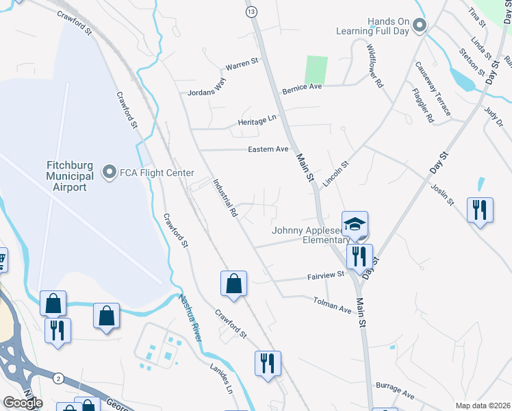 map of restaurants, bars, coffee shops, grocery stores, and more near 51c Fox Meadow Road in Leominster