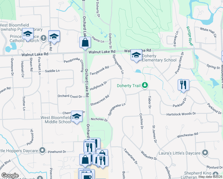 map of restaurants, bars, coffee shops, grocery stores, and more near 3876 Stonecrest Road in West Bloomfield Township