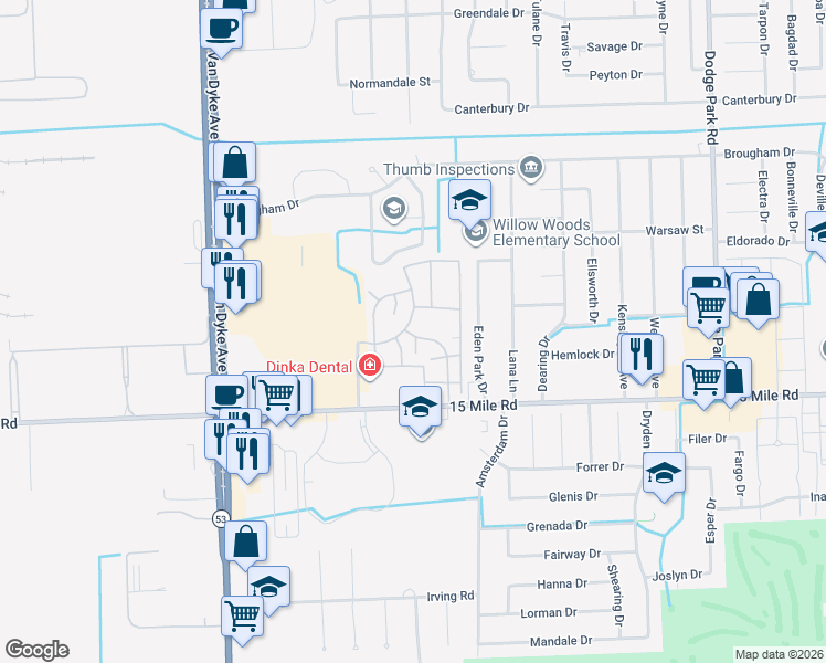 map of restaurants, bars, coffee shops, grocery stores, and more near 35218 Taffy Drive in Sterling Heights