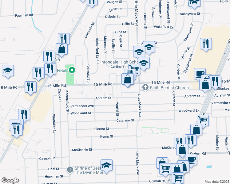 map of restaurants, bars, coffee shops, grocery stores, and more near 34830 Wurfel Street in Charter Township of Clinton