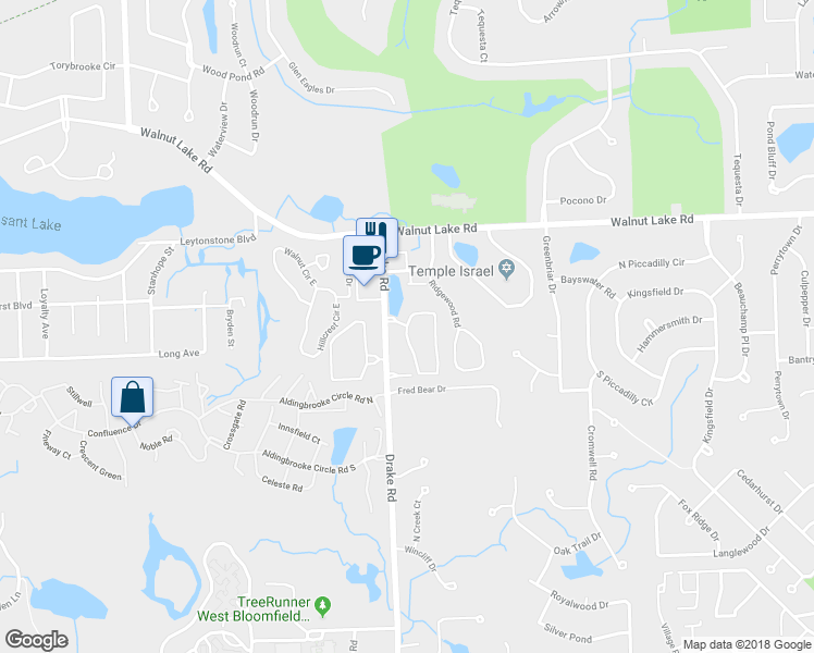 map of restaurants, bars, coffee shops, grocery stores, and more near 5655 Drake Hollow Drive West in West Bloomfield Township