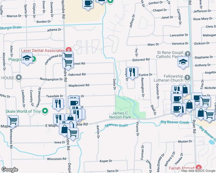 map of restaurants, bars, coffee shops, grocery stores, and more near 2570 Maplecrest Road in Sterling Heights