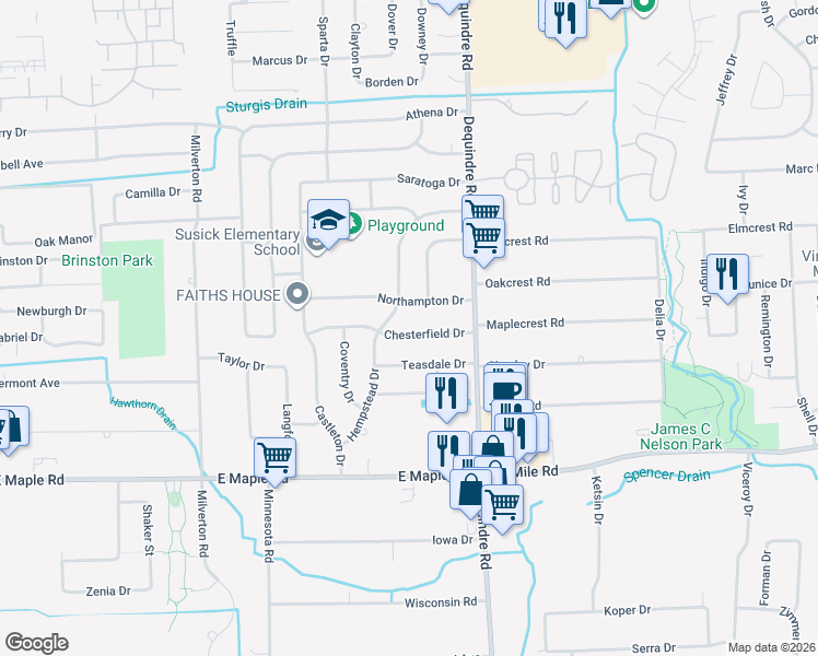 map of restaurants, bars, coffee shops, grocery stores, and more near 2863 Chesterfield Drive in Troy