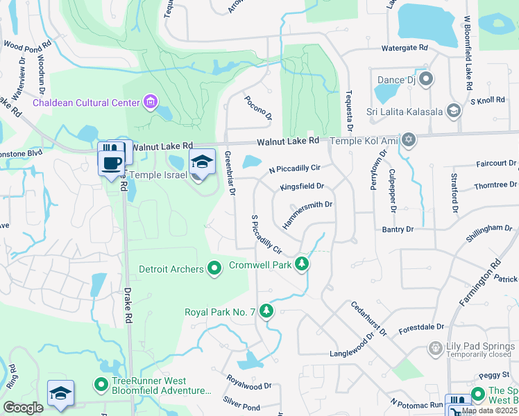 map of restaurants, bars, coffee shops, grocery stores, and more near 5548 South Piccadilly Circle in West Bloomfield Township