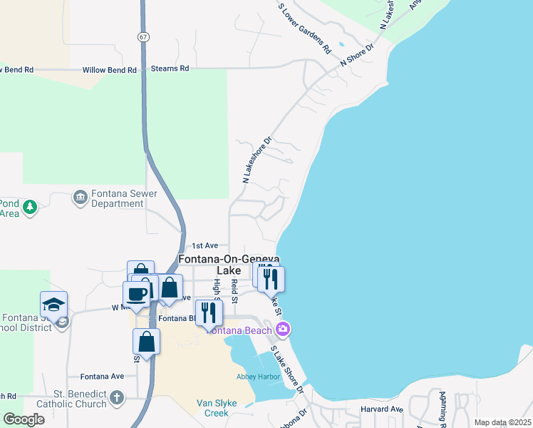map of restaurants, bars, coffee shops, grocery stores, and more near 258 Fair Oaks Avenue in Fontana-on-Geneva Lake