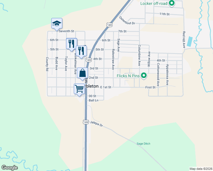 map of restaurants, bars, coffee shops, grocery stores, and more near 221 East 1st Street in Big Piney