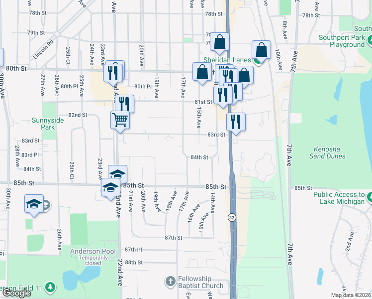 map of restaurants, bars, coffee shops, grocery stores, and more near 8329 17th Avenue in Kenosha