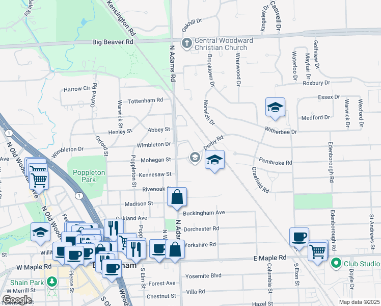 map of restaurants, bars, coffee shops, grocery stores, and more near 1155 Derby Road in Birmingham